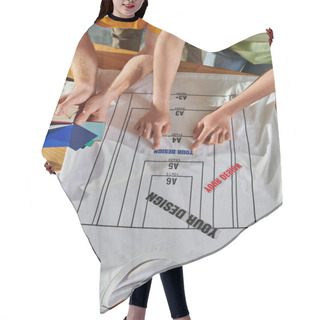 Personality  Top View Of Young African American Designer Holding Printing Layer Near T-shirt And Colleague Working With Color Swatches On Table In Print Studio, Thriving Small Enterprise Concept Hair Cutting Cape