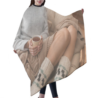 Personality  Young Woman Drinking Hot Tea At Home Hair Cutting Cape