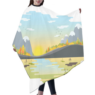 Personality  Autumn Vector Landscape. Mountains With Fir-trees And Bushes On The Riverside. Flat Style Colorful Scenery. Hair Cutting Cape