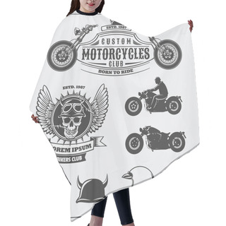 Personality  Collection Of Retro Motorcycle Labels, Emblems, Badges And Design Elements. Helmets, Goggles And Motorcycles. Vintage Style. Monochrome Design. Hair Cutting Cape