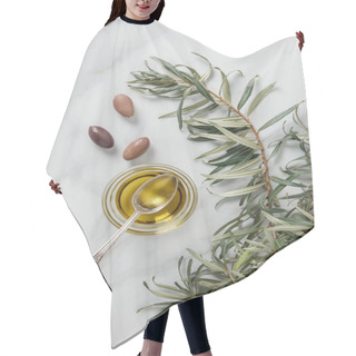 Personality  Top View Of Olive Oil And Spoon In Glass, Twigs And Olives On Marble Table Hair Cutting Cape