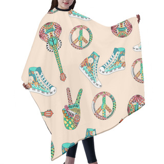Personality  Seamless Pattern With Colorful Hippie Peace Symbol, Acoustic Guitars And Hight Snakers In Zentangle Style. Hair Cutting Cape
