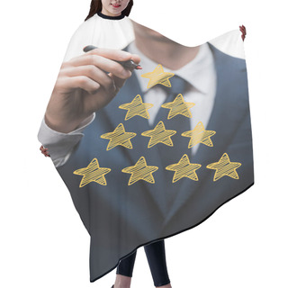 Personality  Selective Focus Of Businessman In Formal Wear Holding Marker Pen Near Stars On White, Quality Concept  Hair Cutting Cape