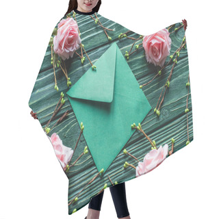 Personality  Wooden Green Background With Blossoming Branches, Roses And Envelope Hair Cutting Cape