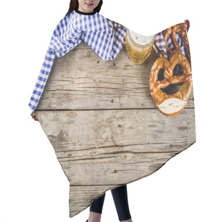 Personality  Oktoberfest Food Menu, Bavarian Pretzels With Beer Mug, Old Rustic Wooden Background, Copy Space Above Hair Cutting Cape