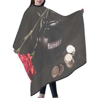 Personality  Red Carnation Flowers And Piggy Bank With Coins On Black Background, Funeral Concept Hair Cutting Cape