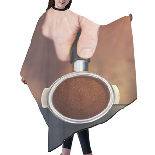 Personality  Hand Holding Portafilter With Ground Coffee Hair Cutting Cape