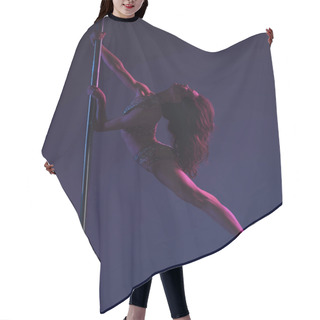 Personality  Side View Of Sporty Seductive Young Woman Dancing With Pylon On Blue Hair Cutting Cape