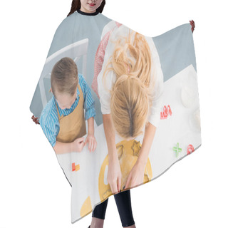 Personality  High Angle View Of Son And Mother Using Cooking Molds  Hair Cutting Cape