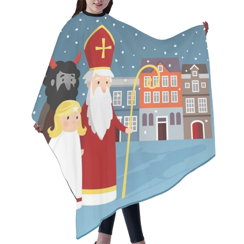 Personality  Cute Saint Nicholas With Angel, Devil, Old Town Houses And Falling Snow. Christmas Invitation Card, Vector Illustration, Winter Background Hair Cutting Cape