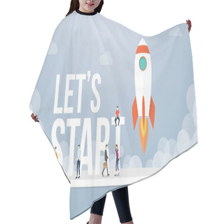 Personality  Lets Start Big Words Concept With Team People And Rocket Startup Launch Business With Team People And Smoke With Modern Flat Style - Vector Hair Cutting Cape