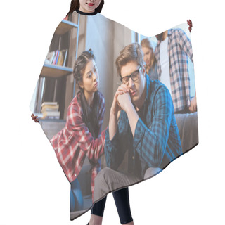 Personality  Woman Supporting Male Friend  Hair Cutting Cape