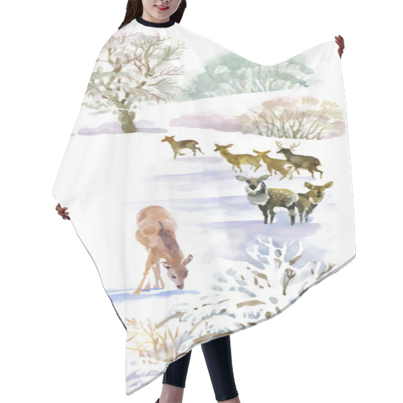 Personality  Watercolor Winter Landscape With Deers. Hair Cutting Cape
