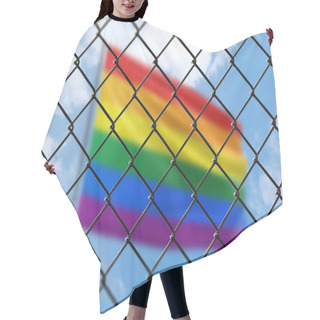 Personality  A Steel Mesh Against The Background Of A Blue Sky And A Flagpole With Flag Of Lgbt Pride Hair Cutting Cape