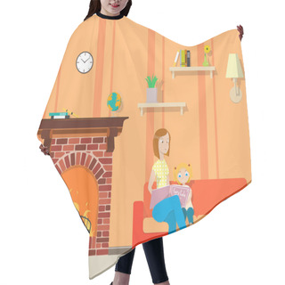 Personality  Mother Sitting On The Couch Reading A Fairy Tale Little Daughter In The Room With Fireplace. Vector Illustration Hair Cutting Cape