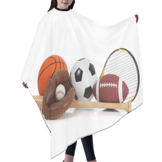 Personality  Assorted Sports Equipment On White Hair Cutting Cape