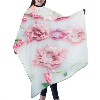 Personality  Top View Of Arranged Beautiful Pink Roses And Chrysanthemum Flower In Milk Hair Cutting Cape