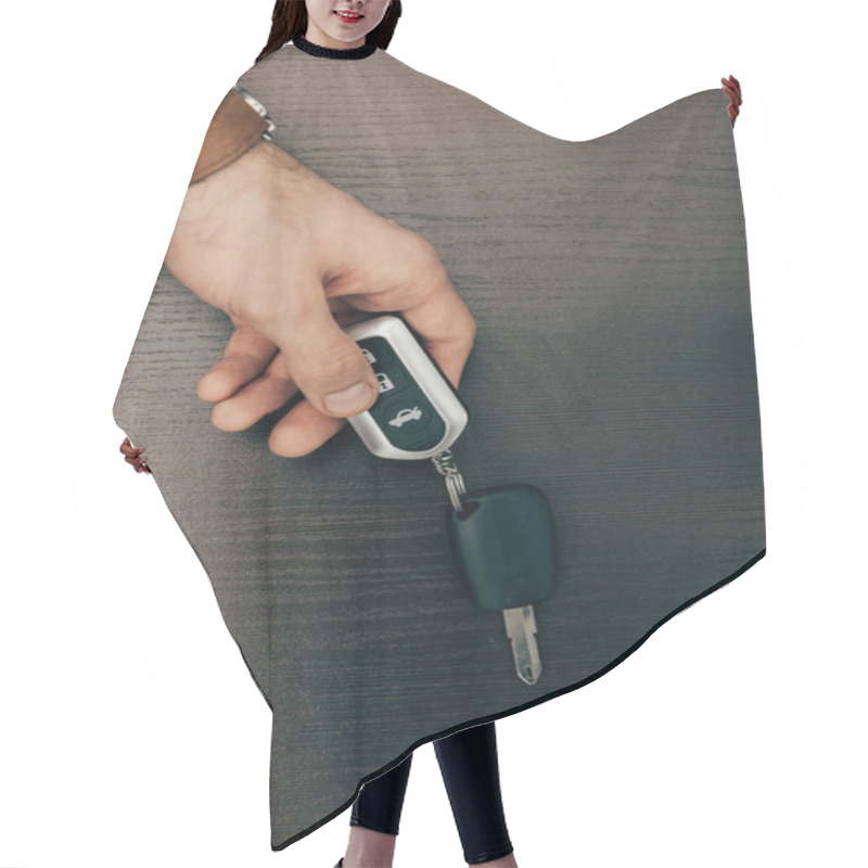 Personality  Cropped Image Of Businessman Taking Off Remote Car Key From Table  Hair Cutting Cape
