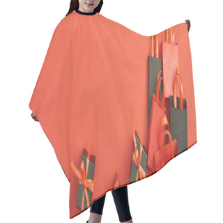 Personality  Top View Of Gift Boxes And Shopping Bags On Red Background With Copy Space, Panoramic Shot Hair Cutting Cape
