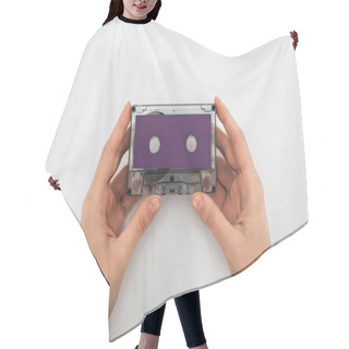 Personality  Partial View Of Man Holding Purple Cassette On White Background Hair Cutting Cape