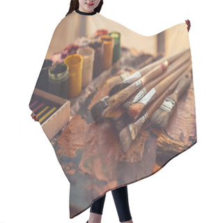 Personality    Photo Of Palette With Mixed Oil Paints  Hair Cutting Cape