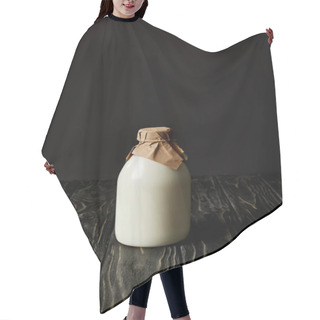 Personality  Fresh Milk In Bottle Wrapped By Paper On Black Background  Hair Cutting Cape