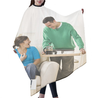 Personality  Happy Couple Having Coffee At Home Hair Cutting Cape