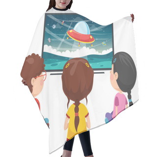 Personality  Vector Illustration Of Kid Watching Tv Hair Cutting Cape