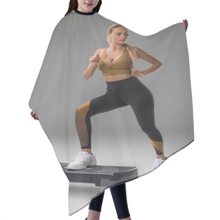 Personality  Sportive Young Woman Exercising On Step Board On Grey Hair Cutting Cape