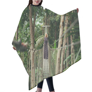 Personality  Attractive Serious Woman In Dress Standing On Footbridge In Jungle Hair Cutting Cape