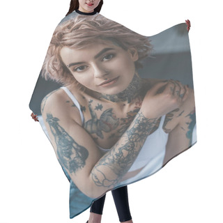 Personality  Portrait Of Tender Tattooed Girl With Pink Hair In Bedroom Hair Cutting Cape