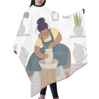 Personality  Flat Vector Cartoon Illustration Of A Woman Engaged In Pottery. The Work Of The Potter's Wheel And The Creation Of Ceramic Objects. Home Activity And Hobbies For The Soul. Hair Cutting Cape