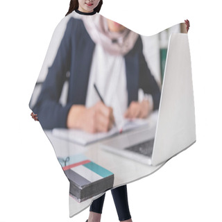 Personality  Selective Focus Of Digital Translator With Uae Flag Emblem Near Interpreter Working On Blurred Background, Cropped View Hair Cutting Cape