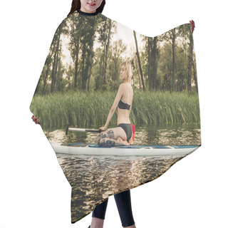 Personality  Beautiful Blonde Girl Sitting On Paddle Board On River Hair Cutting Cape