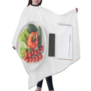 Personality  Top View Of Vegetables And Avocado On Plate, Smartphone And Notebook On White Background Hair Cutting Cape