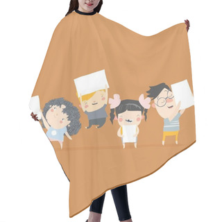 Personality  Happy Cartoon Boys And Girls Holding Blank Posters Hair Cutting Cape