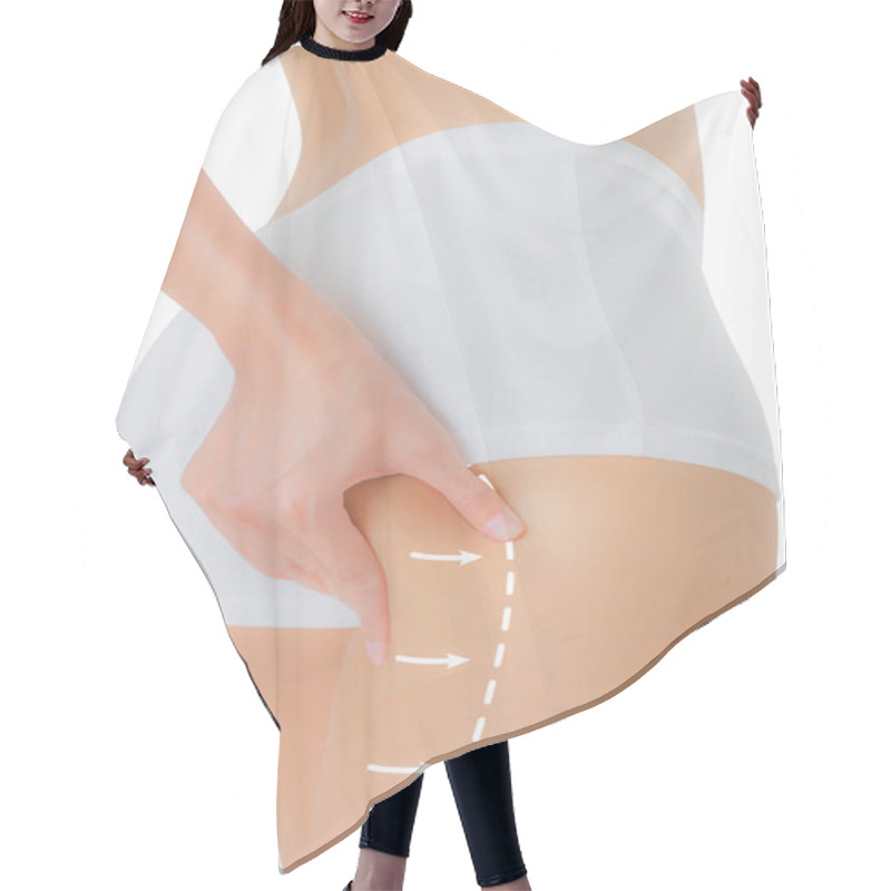Personality  Woman Grabbing Skin On Her Buttock With The Drawing Arrows, Lose Weight And Liposuction Cellulite Removal Concept, Isolated On White Background. Hair Cutting Cape