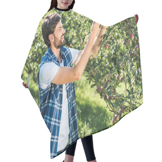 Personality  Handsome Smiling Farmer Touching Apple On Tree In Garden Hair Cutting Cape