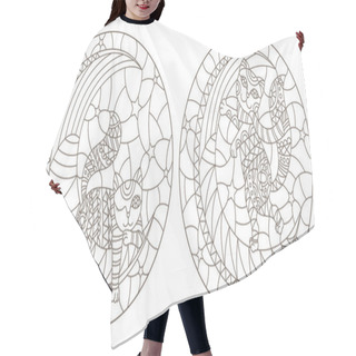Personality  Set Of Contour Illustrations Of Stained Glass Windows With Cartoon Kittens On The Moon Against The Starry Sky , Dark Contours On A White Background Hair Cutting Cape