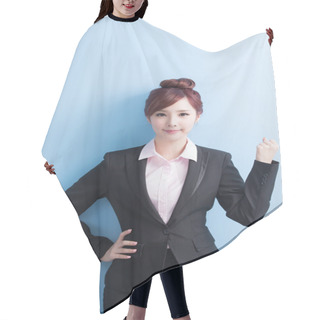 Personality  Business Woman Showing  Fist Hair Cutting Cape