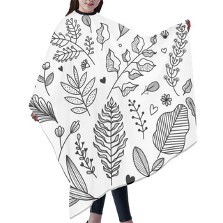 Personality  Tropical Leaves In Doodle Style. Vector Hand Drawn Black Line Design Elements.  Hair Cutting Cape