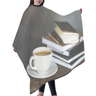 Personality  Close-up View Of Cup Of Coffee And Notebooks On Wooden Table Top Hair Cutting Cape