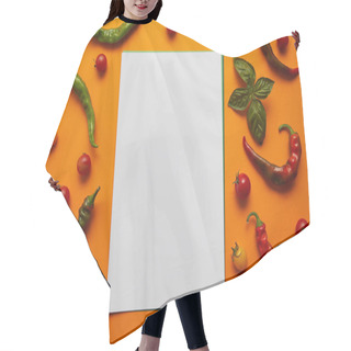 Personality  Top View Of Blank Card And Fresh Tomatoes With Basil And Peppers On Orange Hair Cutting Cape