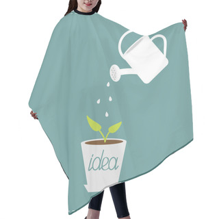 Personality  Watering Can And Plant In The Pot. Growing Idea Concept. Hair Cutting Cape