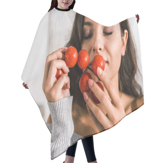 Personality  Attractive Woman Smelling Ripe Cherry Tomatoes  Hair Cutting Cape