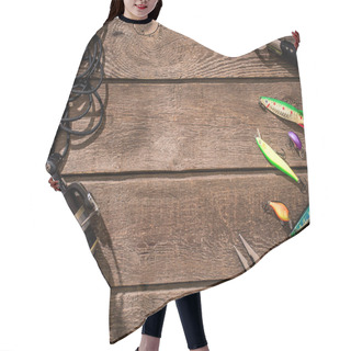 Personality  Fishing Tackle - Fishing Spinning, Fishing Line, Hooks And Lures On Wooden Background. Hair Cutting Cape