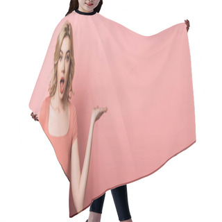 Personality  Panoramic Shot Of Shocked Girl Pointing With Hand While Looking At Camera On Pink Background Hair Cutting Cape