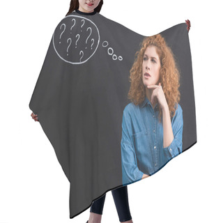 Personality  Thoughtful Redhead Young Woman With Question Marks In Thought Bubble On Blackboard Hair Cutting Cape