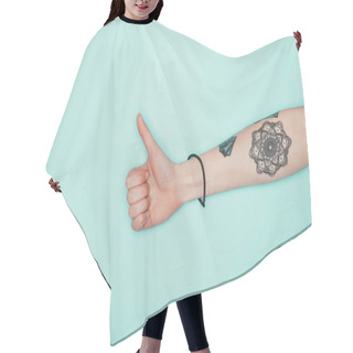 Personality  Cropped Shot Of Woman Showing Thumb Up Isolated On Turquoise Hair Cutting Cape