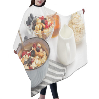 Personality  Bowl On Striped Napkin With Oat Flakes, Nuts And Berries On White Table With Milk Jug Hair Cutting Cape
